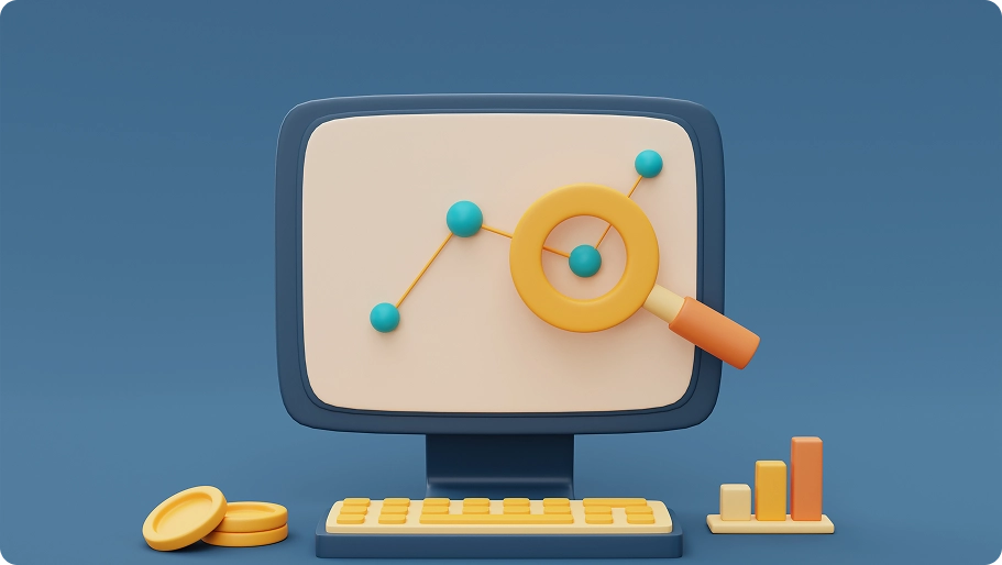 3D-illustratie van een computerscherm met een lijngrafiek en een vergrootglas. Munten en een staafdiagram duiden op een financiële analyse tegen een blauwe achtergrond.